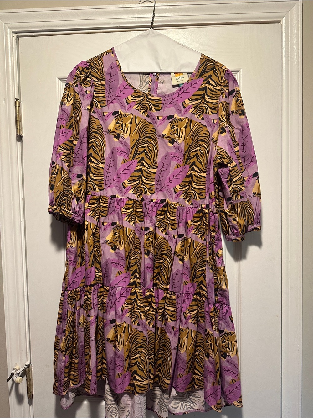 FARM Rio Purple and Gold Tiger Print Tiered Dress